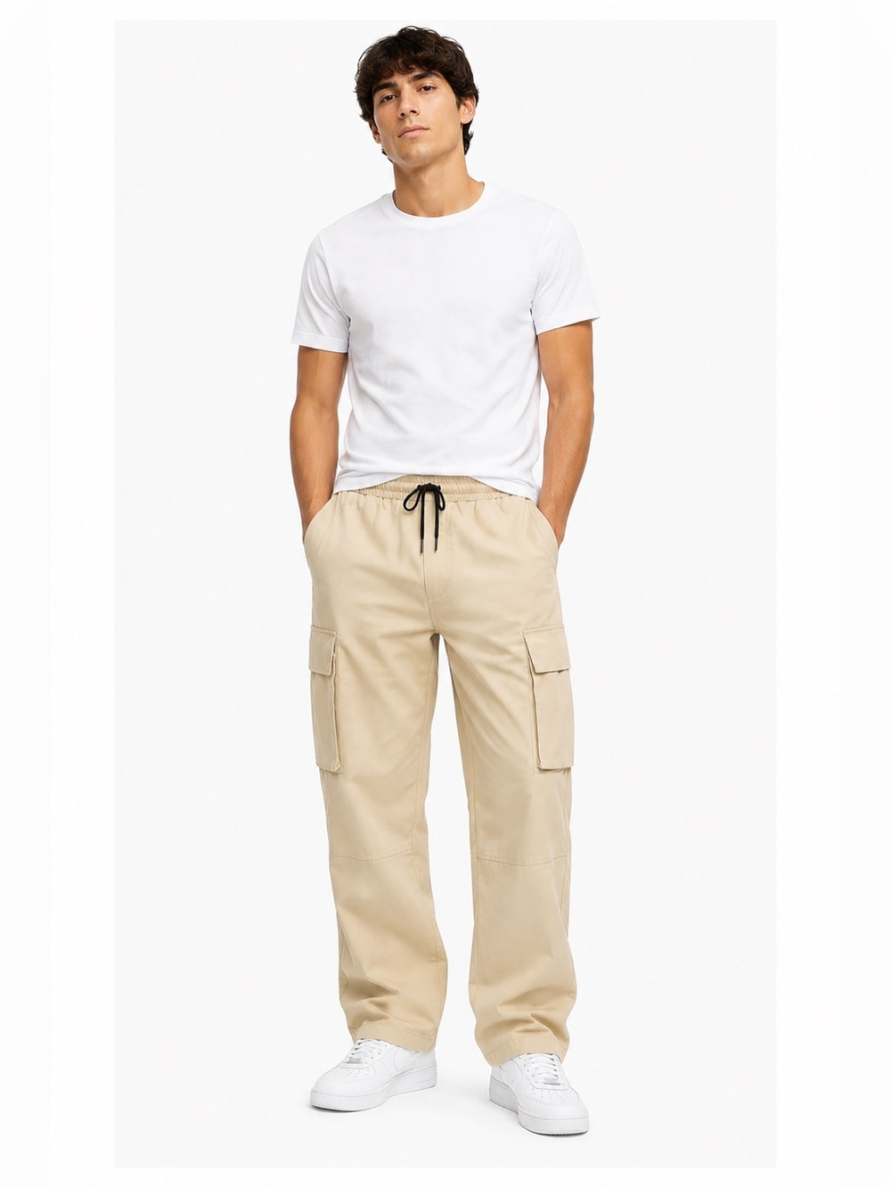 SHEIN Beige Cargo Pants with Drawstring Waist Large